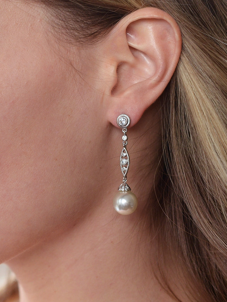 Dangle Wedding Earrings with CZ Filigree & Bold Pearl