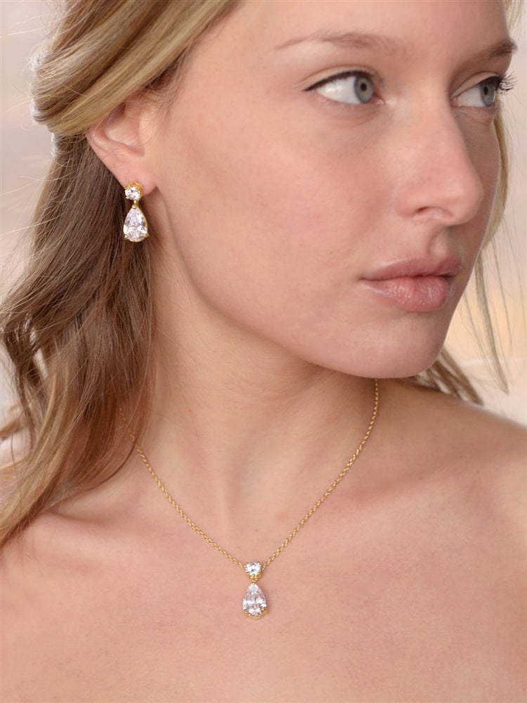 14K Gold Plated Cubic Zirconia Teardrop  Necklace & Earrings Set