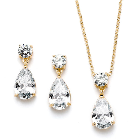 14K Gold Plated Cubic Zirconia Teardrop  Necklace & Earrings Set