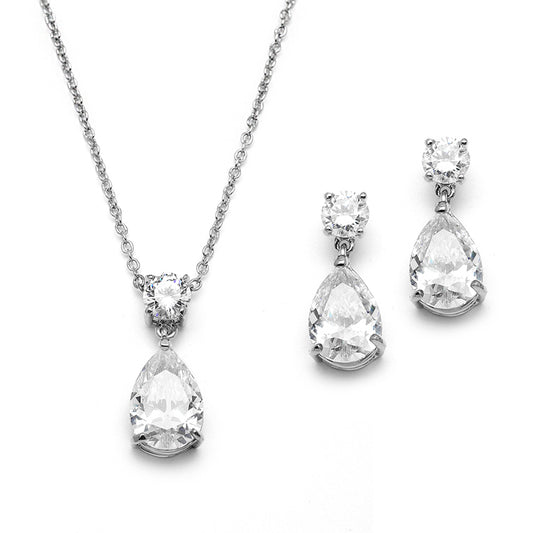 Silver Cubic Zirconia Teardrop Necklace Set