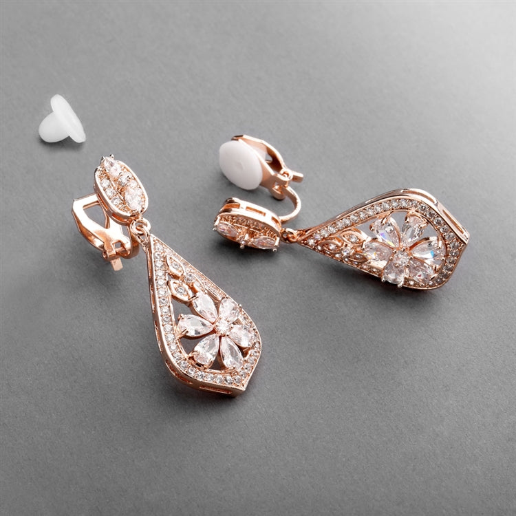 Sophisticated Rose Gold Art Deco CZ Clip-On Wedding Earrings