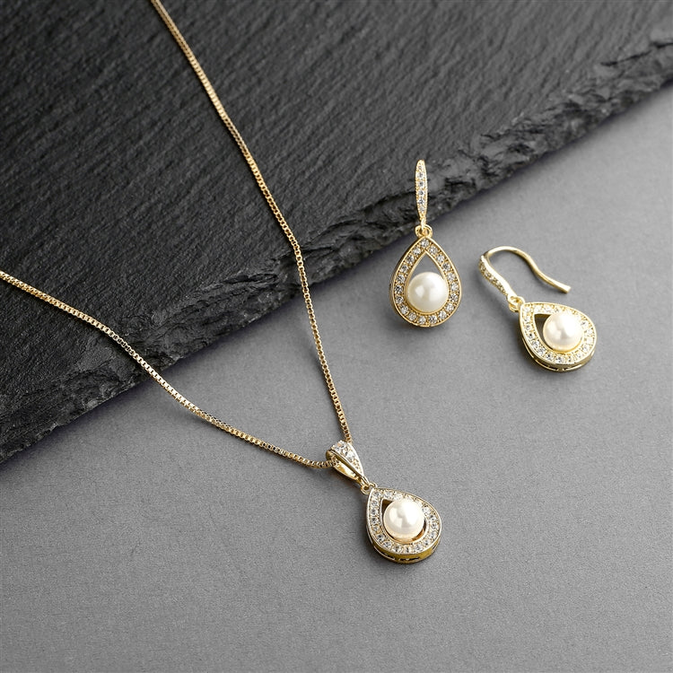 14K Gold Necklace & Earrings Set with CZ Framed Pearl