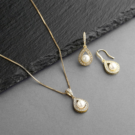 14K Gold Necklace & Earrings Set with CZ Framed Pearl