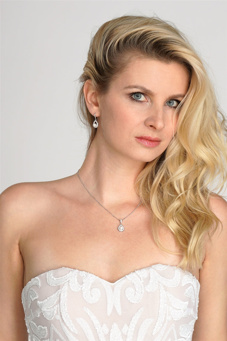 Silver Rhodium Necklace & Earrings Set with CZ Framed Pearl