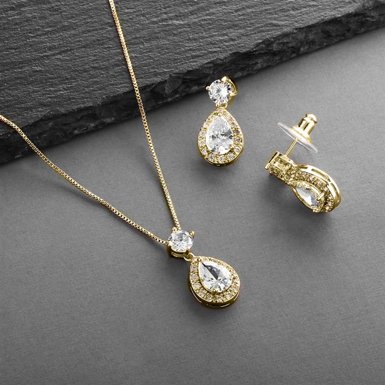Brilliant Cubic Zirconia Halo Pear Shaped Gold Necklace and Earrings Set