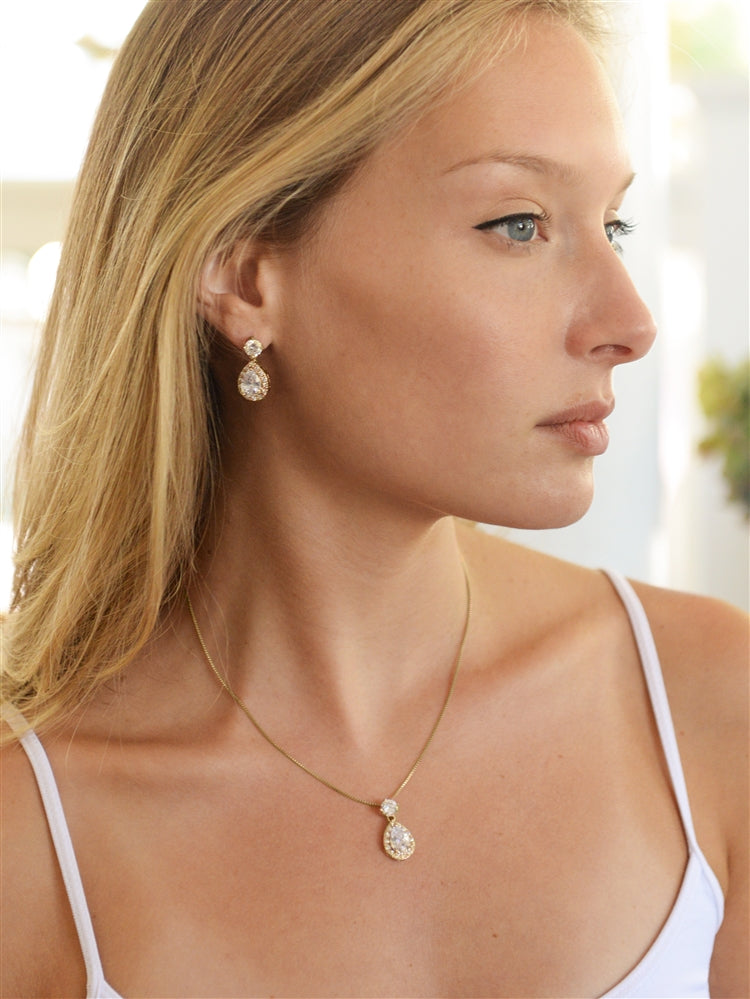 Brilliant Cubic Zirconia Halo Pear Shaped Gold Necklace and Earrings Set