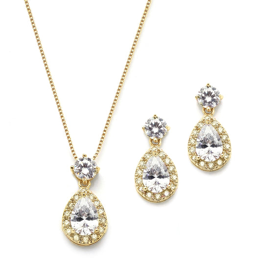 Brilliant Cubic Zirconia Halo Pear Shaped Gold Necklace and Earrings Set