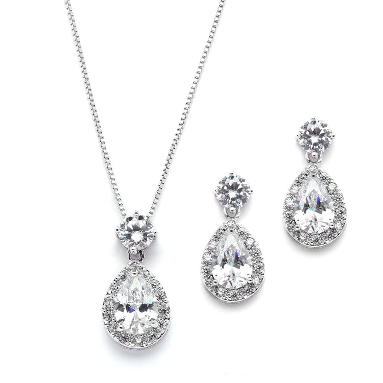 Cubic Zirconia Halo Pear Shaped Necklace and Earrings Set