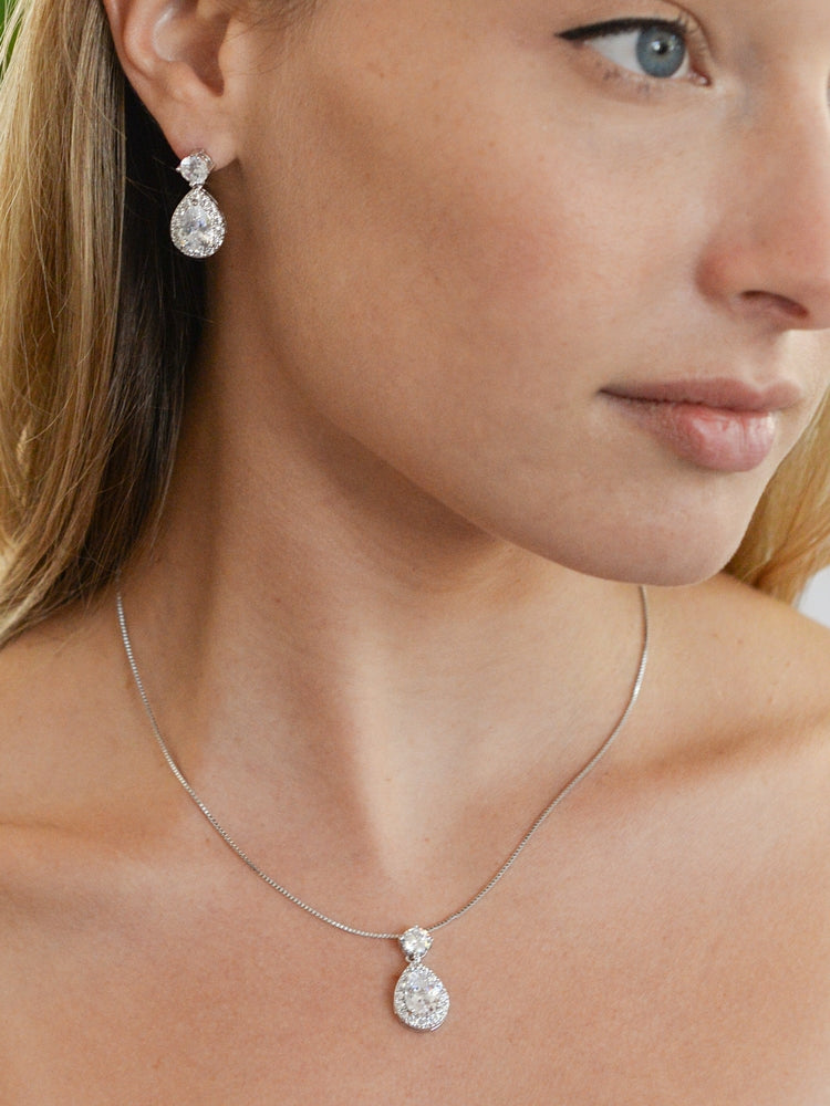 Cubic Zirconia Halo Pear Shaped Necklace and Earrings Set