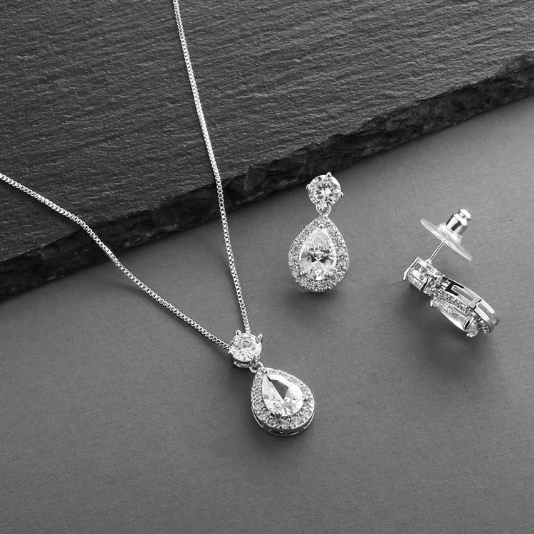 Cubic Zirconia Halo Pear Shaped Necklace and Earrings Set