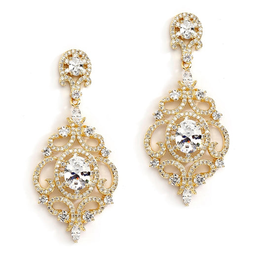 Victorian Scrolls 14K Gold Plated Cubic Zirconia Wedding Chandelier Earrings