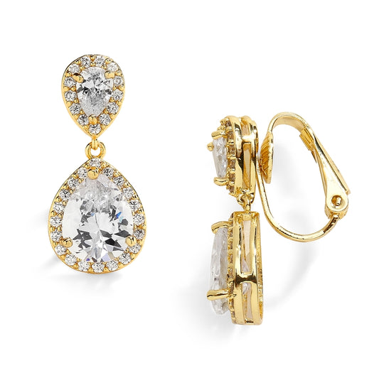 Lustrous 14K Gold Cubic Zirconia Teardrop Wedding Clip-On Earrings