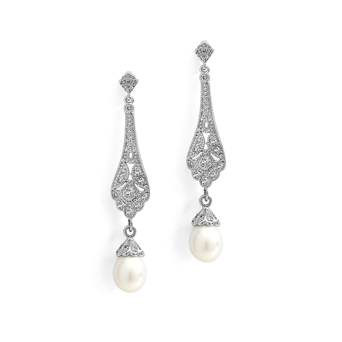 Art Deco CZ Bridal Earrings with Freshwater Pearl
