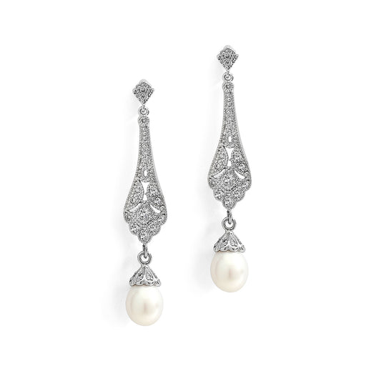 Art Deco CZ Bridal Earrings with Freshwater Pearl