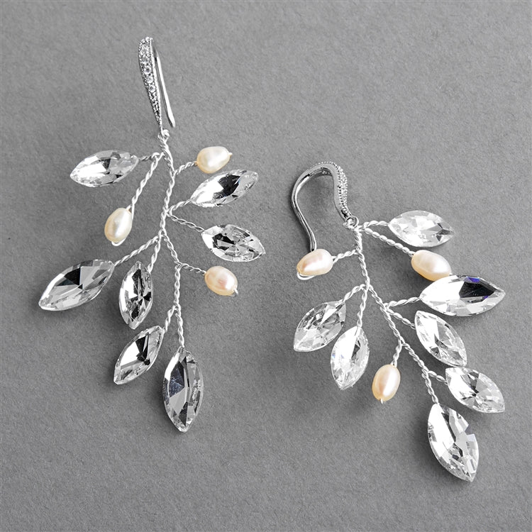 Silver Vine Bridal Earrings with Crystals & Freshwater Pearls