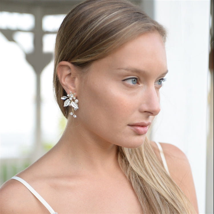 Gold Vine Earrings with Crystals, Matte Silvery Leaves & Ivory Pearls