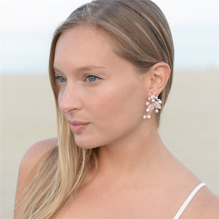 Gold Vine Earrings with Crystals, Matte Silvery Leaves & Ivory Pearls