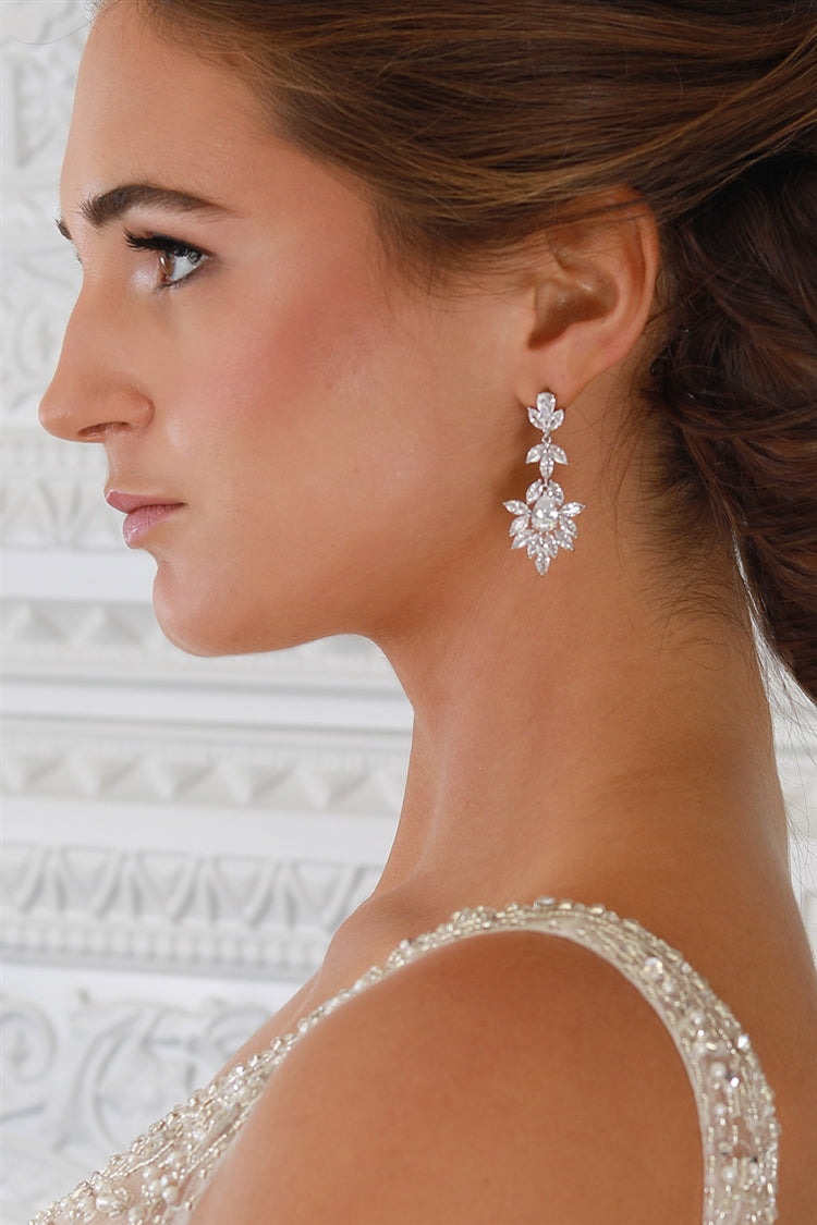 Platinum Silver Dangle Wedding Earrings for Brides or Bridesmaids