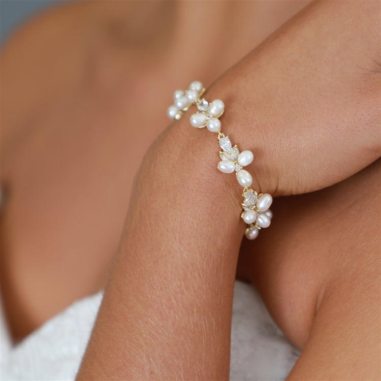 Petite Length 6 5/8" Genuine Freshwater Pearl & CZ Gold Bridal Bracelet