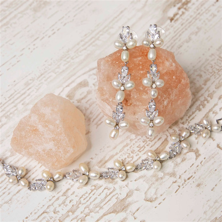 Genuine Freshwater Pearl & CZ Silver Platinum 7 1/8" Bridal Bracelet & Extender