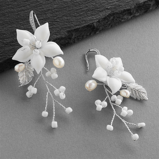 Handmade Wedding Earrings with Light Ivory Resin Flowers, Fresh Water Pearls