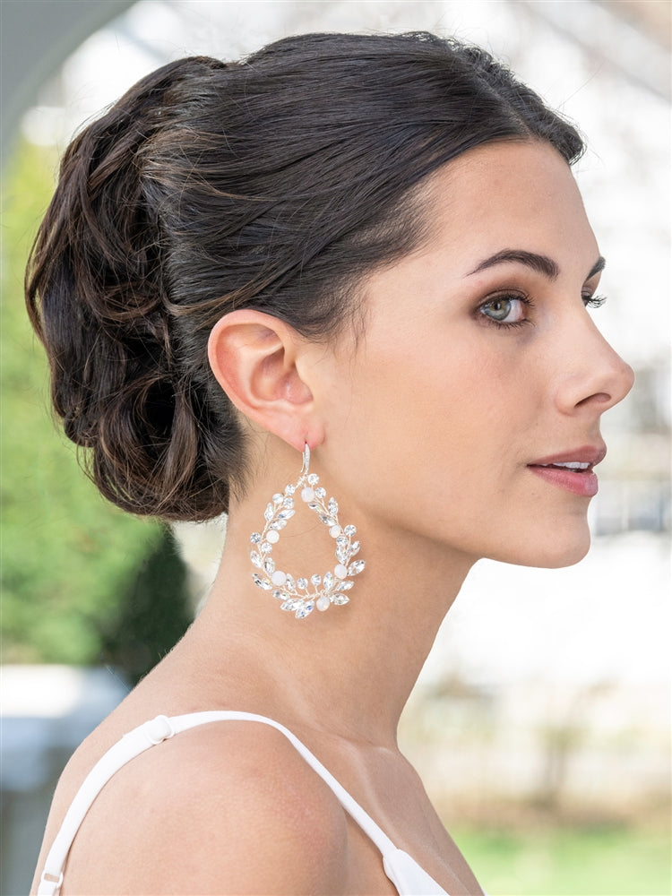 Hand-made Opal and Clear Crystal Silver Hoop Bridal & Prom Earrings