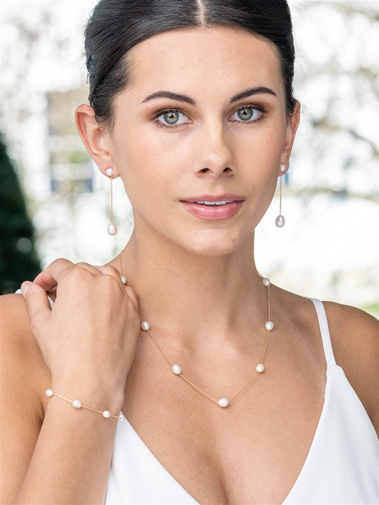 Floating Pearl Necklace & Earrings Set in Gold