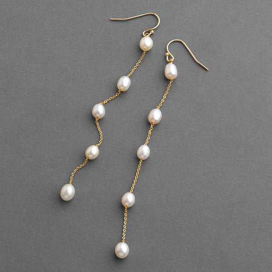 Genuine Freshwater Pearls Dangle Shoulder Duster Earrings - Ivory on 14K Gold Plated Chain