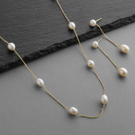 Floating Pearl Necklace & Earrings Set in Gold