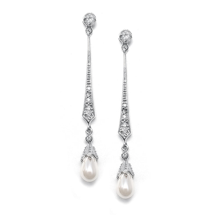 Vintage Wedding Linear CZ Dangle Earrings with Freshwater Pearls