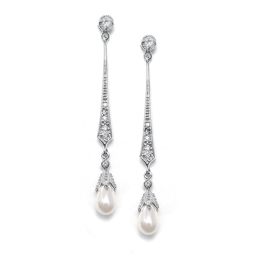 Vintage Wedding Linear CZ Dangle Earrings with Freshwater Pearls