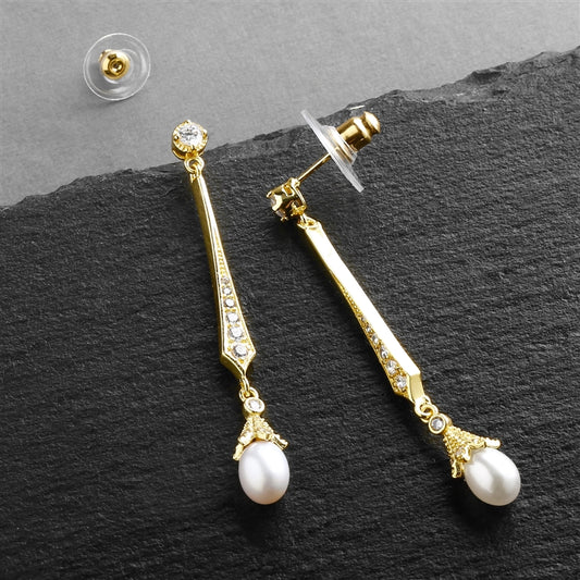 Vintage 14K Gold CZ Dangle Earrings with Freshwater Pearl