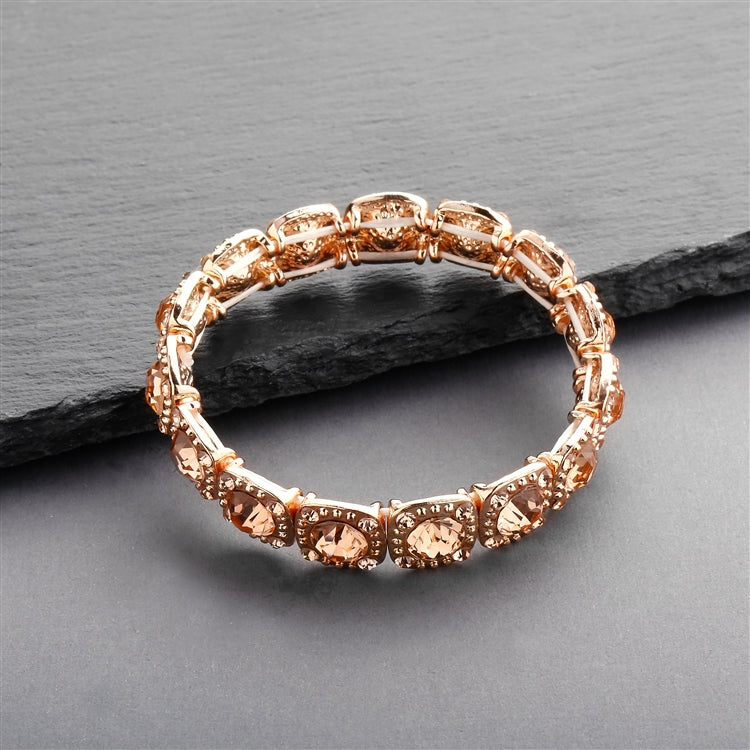 Rose-Gold Coral Color Bridal or Prom Stretch Bracelet with Crystals
