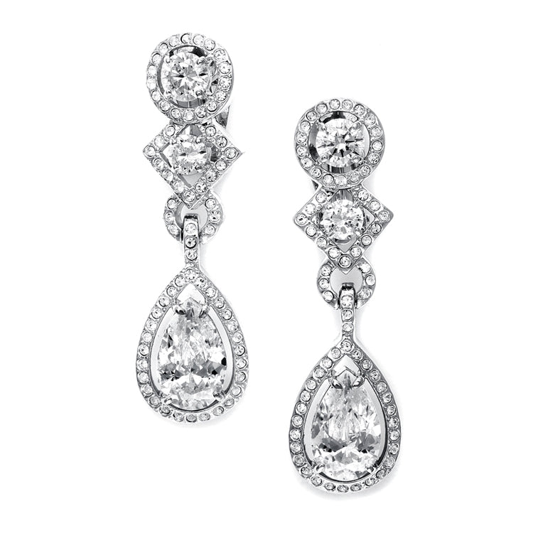 CZ Clip-On Wedding Earrings with Pear Dangle