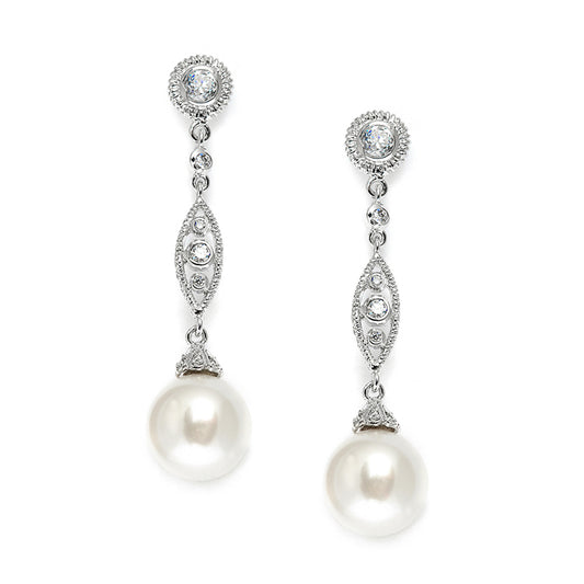 Dangle Wedding Earrings with CZ Filigree & Bold Pearl