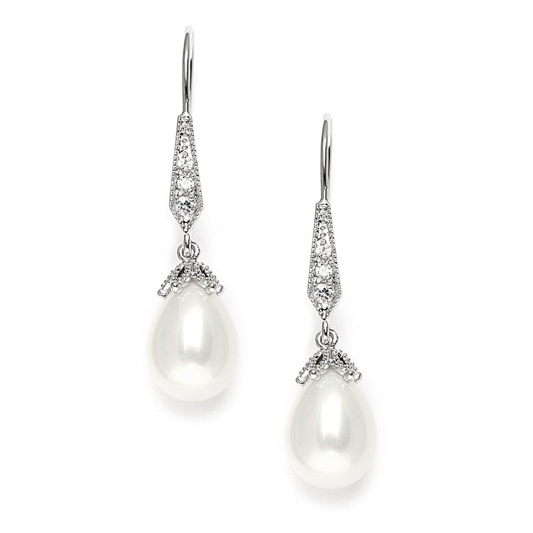 Vintage French Wire Wedding Earrings with Pearl Teardrops with CZ Pave