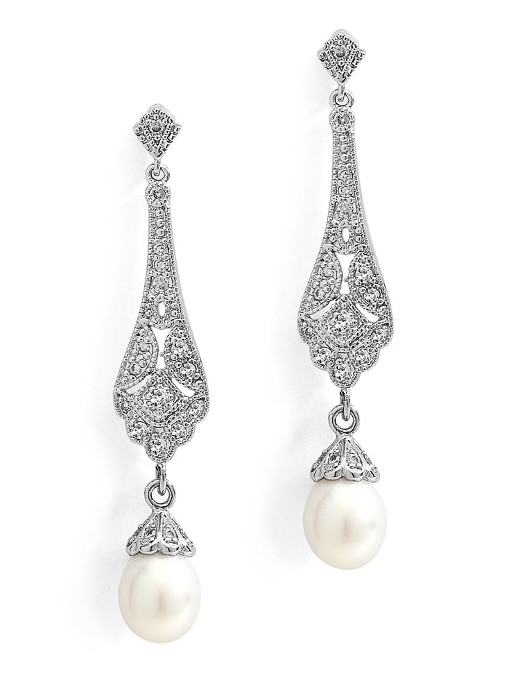 Art Deco CZ Bridal Earrings with Freshwater Pearl