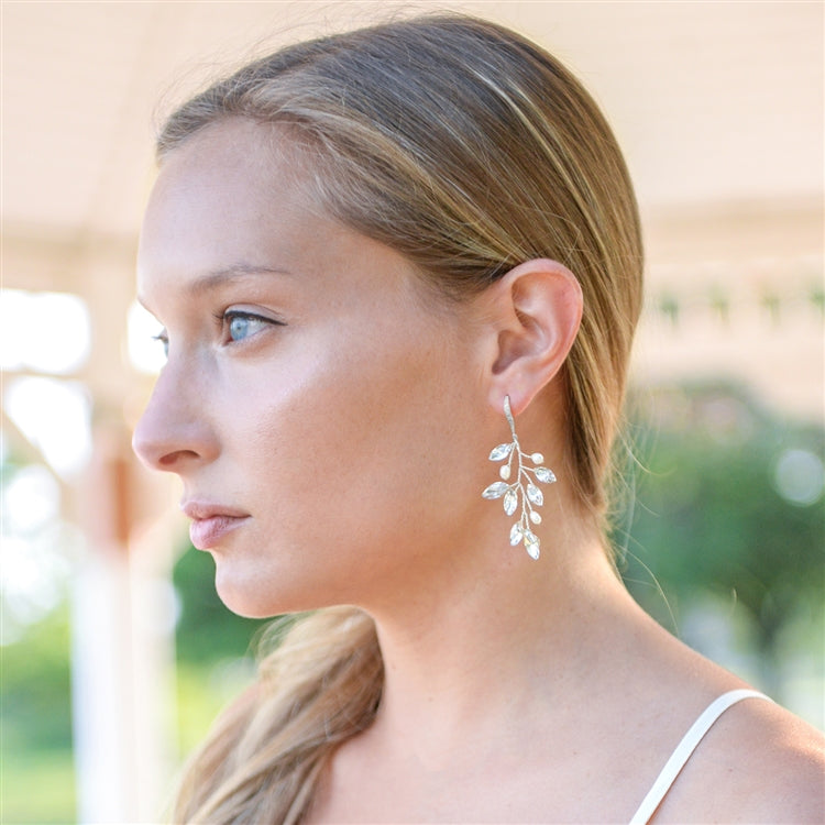 Silver Vine Bridal Earrings with Crystals & Freshwater Pearls