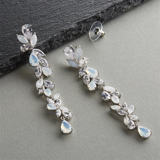 Cubic Zirconia and Opal Long Statement Wedding Dangle Earrings
