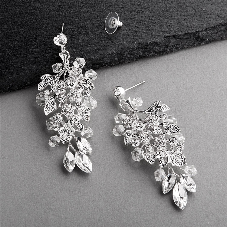 Handmade Bridal Statement Earrings with Cascading Crystals, Flowers