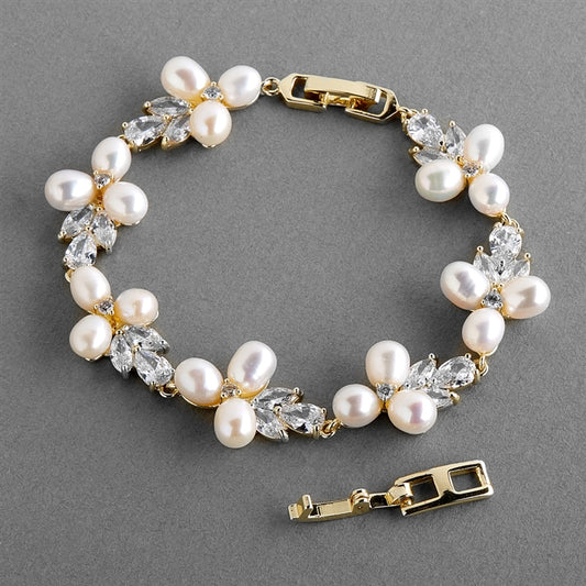 Petite Length 6 5/8" Genuine Freshwater Pearl & CZ Gold Bridal Bracelet