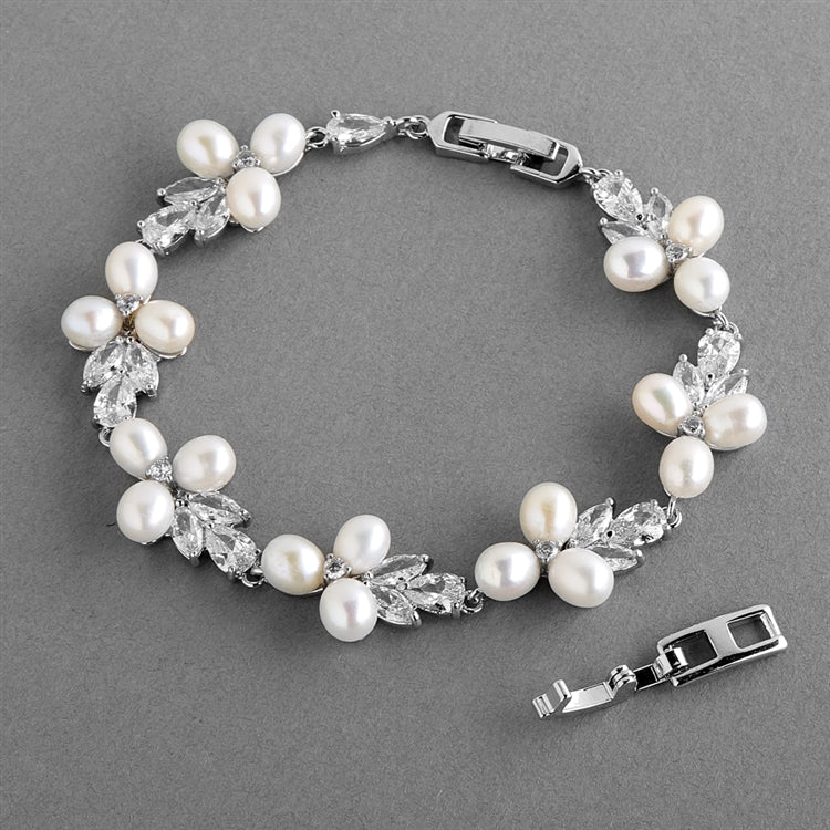 Genuine Freshwater Pearl & CZ Silver Platinum 7 1/8" Bridal Bracelet & Extender