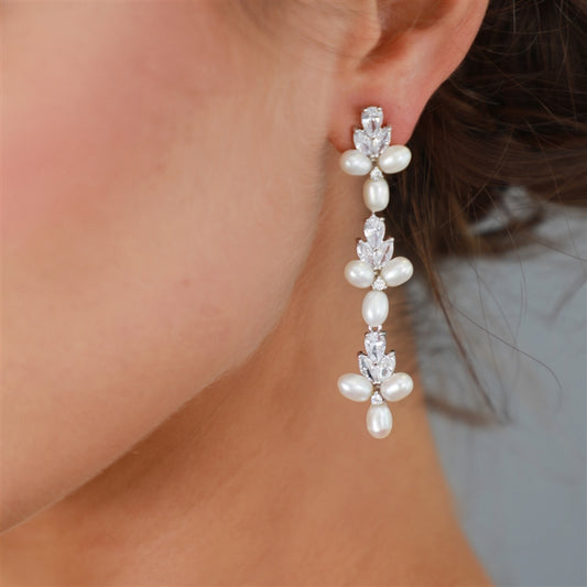 Genuine Freshwater Pearls and CZ Linear Dangle Bridal Earrings in Platinum