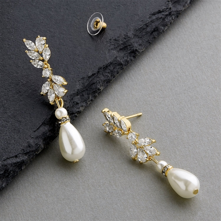Cubic Zirconia and Teardrop Pearl Designer Bridal Earrings