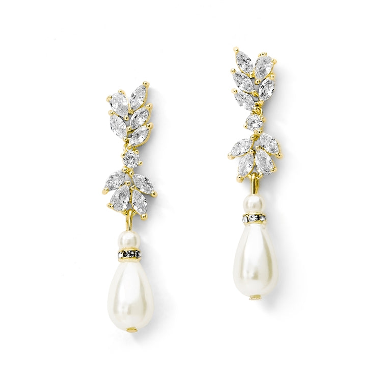 Cubic Zirconia and Teardrop Pearl Designer Bridal Earrings
