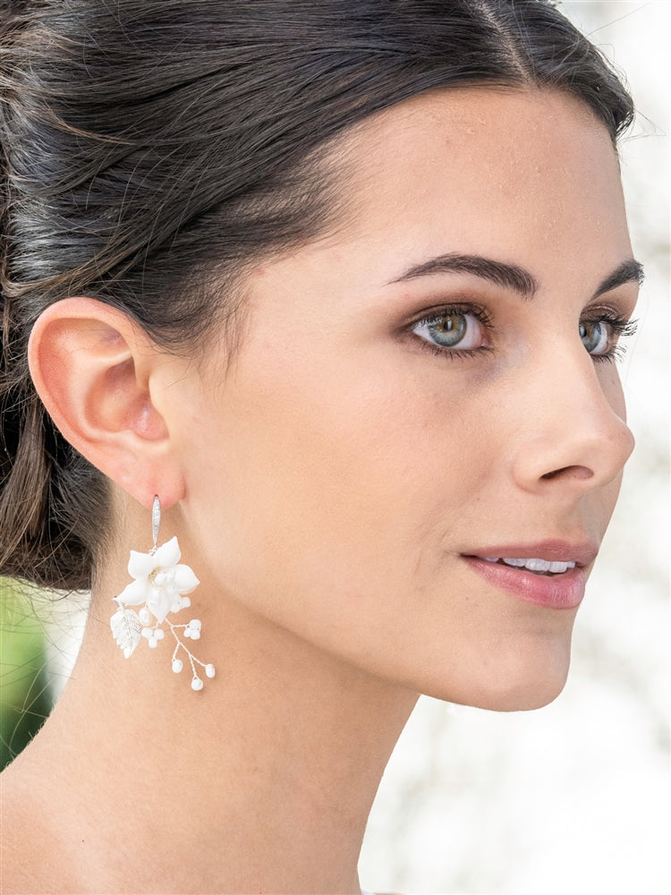 Handmade Wedding Earrings with Light Ivory Resin Flowers, Fresh Water Pearls