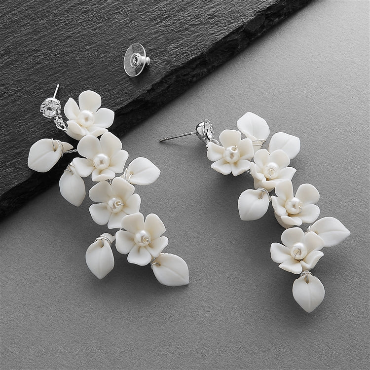 Handmade Bridal Earrings with Ivory Resin Flowers and Pearls