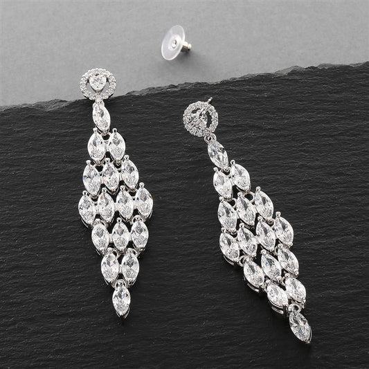 Cubic Zirconia Bridal or Formal Chandelier Earrings with Marquis-Shaped Gemstone