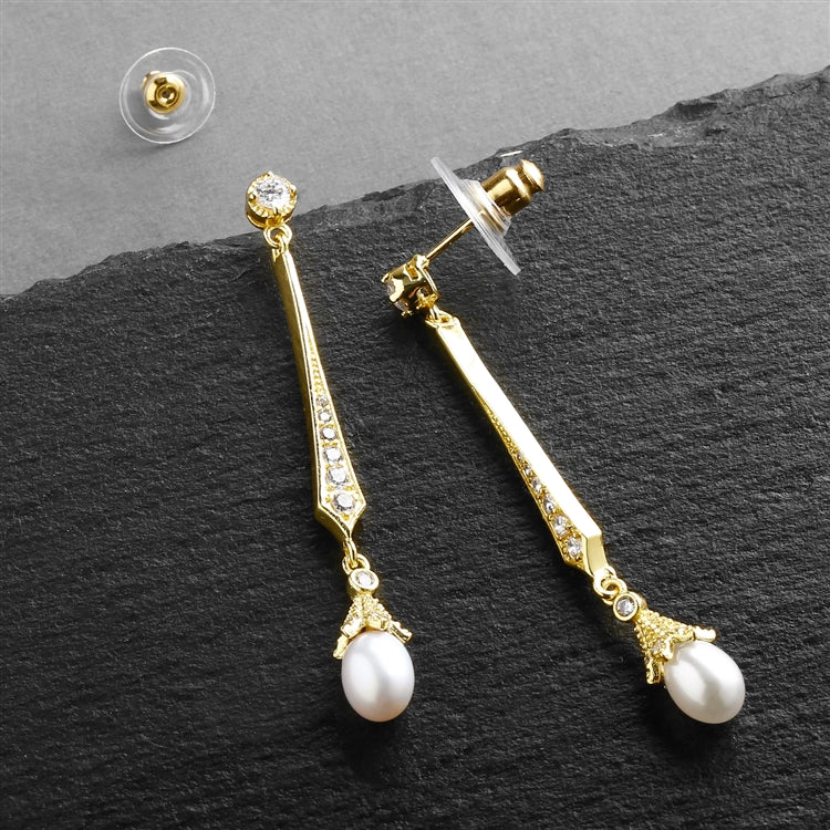 Vintage 14K Gold CZ Dangle Earrings with Freshwater Pearl