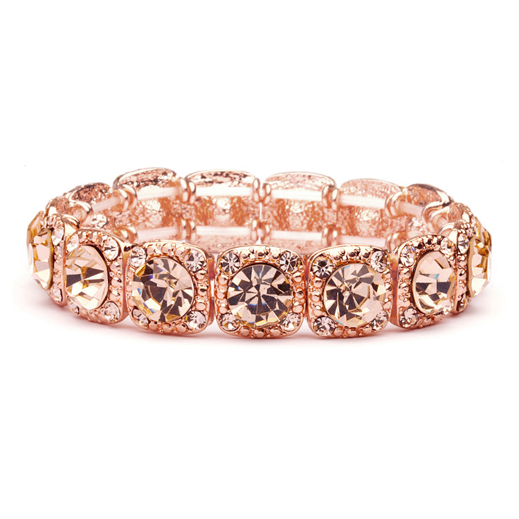 Rose-Gold Coral Color Bridal or Prom Stretch Bracelet with Crystals